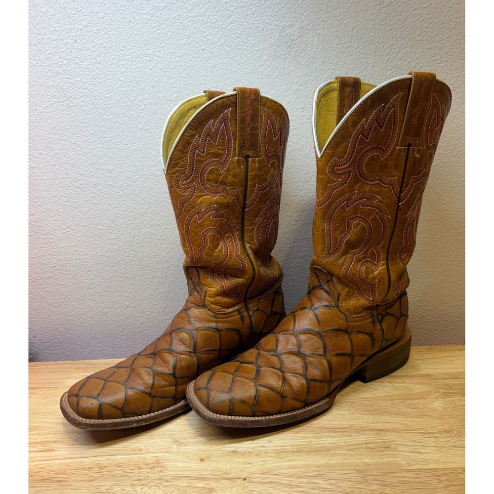 Cavender's Men's Saddle Pirarucu & Brown Leather Square Toe Cowboy Boots 8.5D